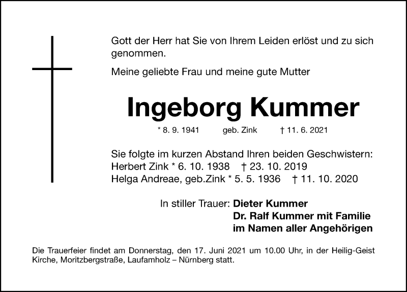  Traueranzeige für Ingeborg Kummer vom 16.06.2021 aus Gesamtausgabe Nürnberger Nachrichten/ Nürnberger Ztg.