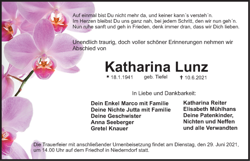 Traueranzeige für Katharina Lunz vom 19.06.2021 aus Nordbayerische Nachrichten Herzogenaurach Lokal
