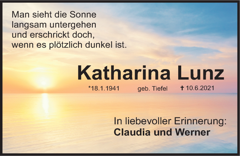  Traueranzeige für Katharina Lunz vom 19.06.2021 aus Nordbayerische Nachrichten Herzogenaurach Lokal