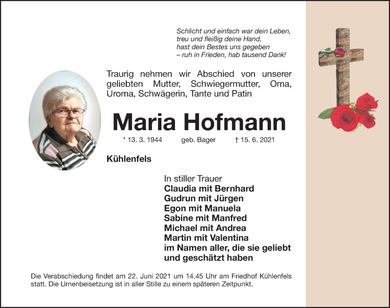  Traueranzeige für Maria Hofmann vom 18.06.2021 aus Nordbayerische Nachrichten Pegnitz Lokal