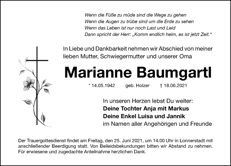  Traueranzeige für Marianne Baumgartl vom 22.06.2021 aus Nordbayerische Nachrichten Herzogenaurach Lokal