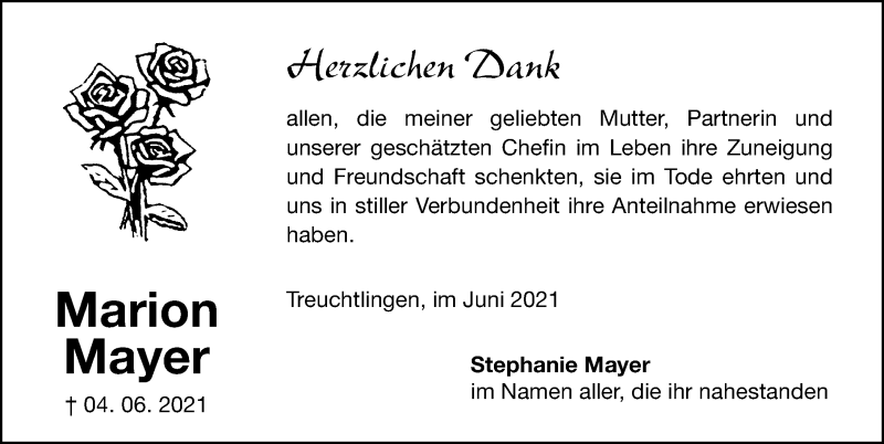  Traueranzeige für Marion Mayer vom 19.06.2021 aus Weißenburger Tagblatt u.Treuchtlinger Kurier Lokal