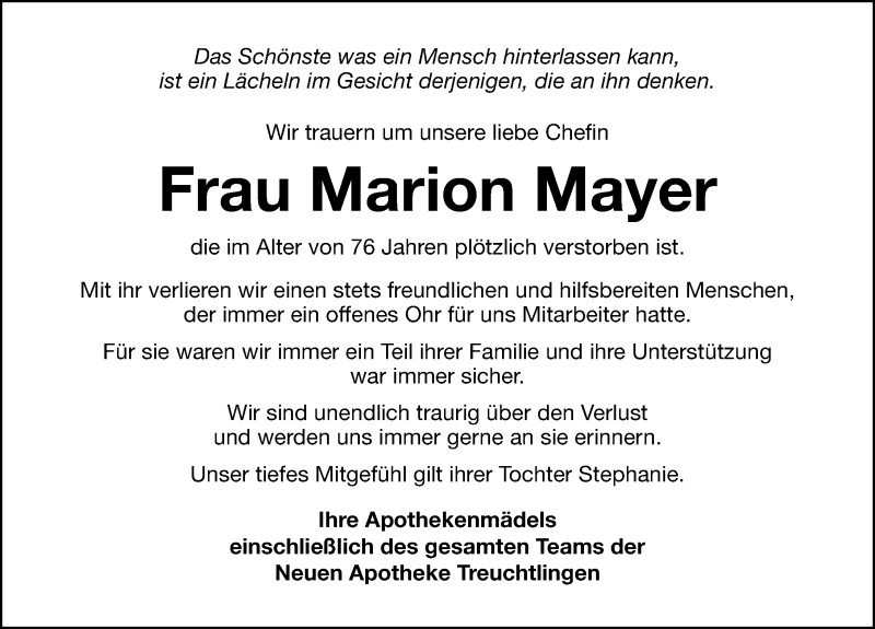  Traueranzeige für Marion Mayer vom 08.06.2021 aus Weißenburger Tagblatt u.Treuchtlinger Kurier Lokal