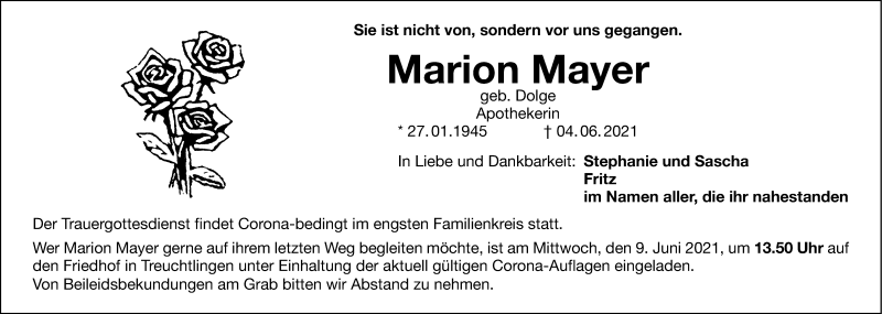  Traueranzeige für Marion Mayer vom 08.06.2021 aus Weißenburger Tagblatt u.Treuchtlinger Kurier Lokal