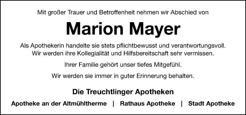 Traueranzeige für Marion Mayer vom 10.06.2021 aus Weißenburger Tagblatt u.Treuchtlinger Kurier Lokal