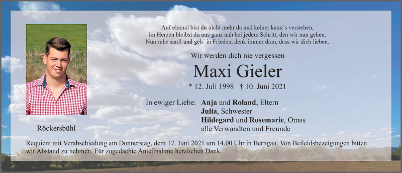  Traueranzeige für Maxi Gieler vom 16.06.2021 aus Neumarkter Nachrichten Lokal