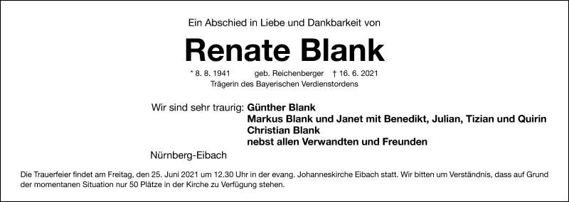  Traueranzeige für Renate Blank vom 19.06.2021 aus Gesamtausgabe Nürnberger Nachrichten/ Nürnberger Ztg.
