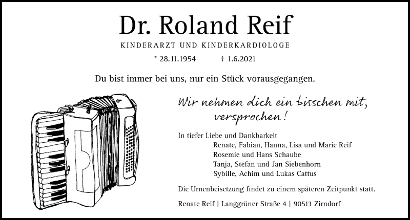  Traueranzeige für Roland Reif vom 12.06.2021 aus Gesamtausgabe Nürnberger Nachrichten/ Nürnberger Ztg.