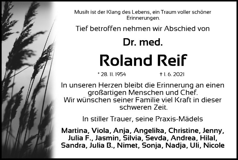  Traueranzeige für Roland Reif vom 16.06.2021 aus Gesamtausgabe Nürnberger Nachrichten/ Nürnberger Ztg.