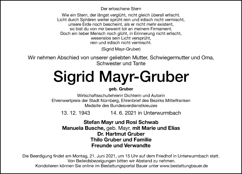  Traueranzeige für Sigrid Mayr-Gruber vom 18.06.2021 aus Altmühl-Bote Lokal