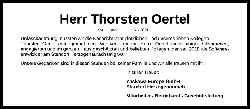  Traueranzeige für Thorsten Oertel vom 16.06.2021 aus Fürther Nachrichten/ Nordbayer. Nachrichten Herzogenaurach