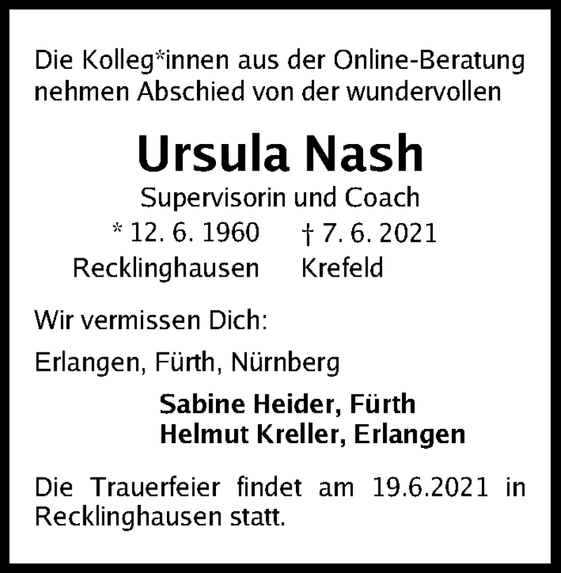  Traueranzeige für Ursula Nash vom 16.06.2021 aus Gesamtausgabe Nürnberger Nachrichten/ Nürnberger Ztg.