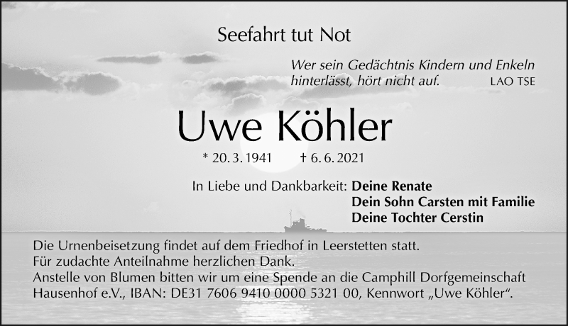  Traueranzeige für Uwe Köhler vom 12.06.2021 aus Schwabacher Tagblatt Lokal