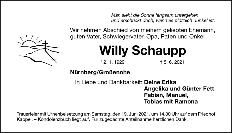  Traueranzeige für Willy Schaupp vom 17.06.2021 aus Nordbayerische Nachrichten Forchheim Lokal