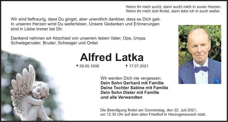  Traueranzeige für Alfred Latka vom 20.07.2021 aus Nordbayerische Nachrichten Herzogenaurach Lokal