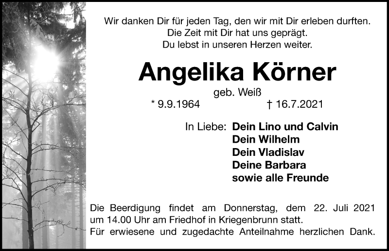  Traueranzeige für Angelika Körner vom 21.07.2021 aus Erlanger Nachrichten Lokal