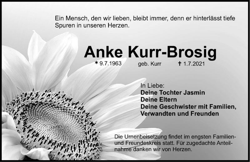  Traueranzeige für Anke Kurr-Brosig vom 17.07.2021 aus Nordbayerische Nachrichten Herzogenaurach Lokal