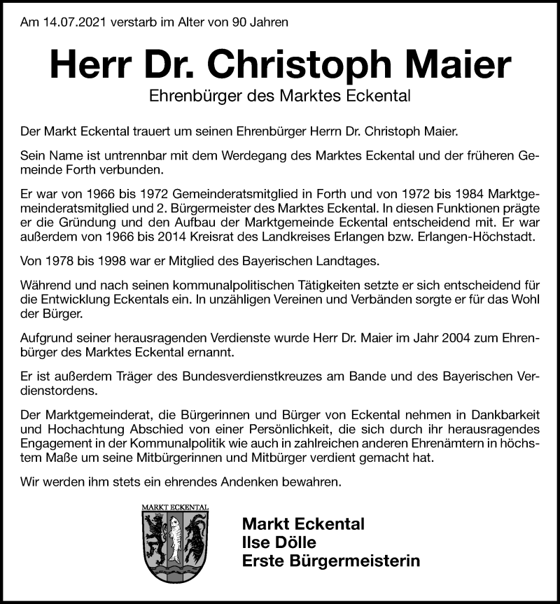  Traueranzeige für Christoph Maier vom 21.07.2021 aus Erlanger Nachrichten Lokal