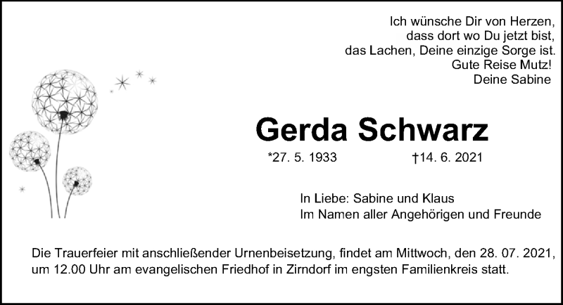 Traueranzeige für Gerda Schwarz vom 23.07.2021 aus Fürther Nachrichten Lokal