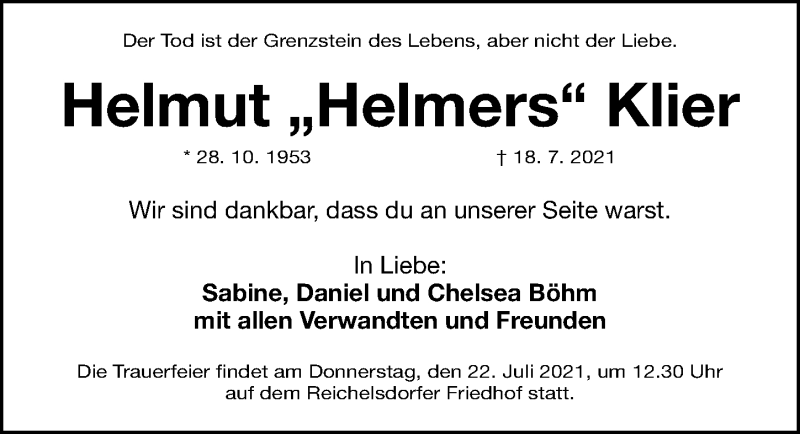  Traueranzeige für Helmut  Klier vom 21.07.2021 aus Gesamtausgabe Nürnberger Nachrichten/ Nürnberger Ztg.