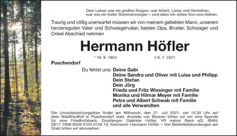  Traueranzeige für Hermann Höfler vom 17.07.2021 aus Fürther Nachrichten Lokal