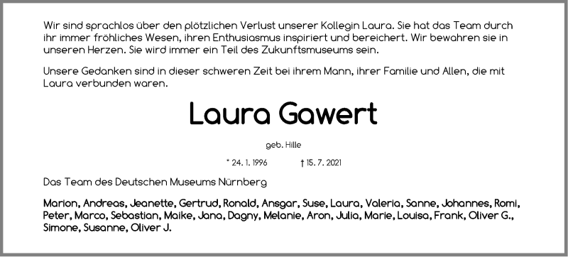  Traueranzeige für Laura Gawert vom 21.07.2021 aus Gesamtausgabe Nürnberger Nachrichten/ Nürnberger Ztg.