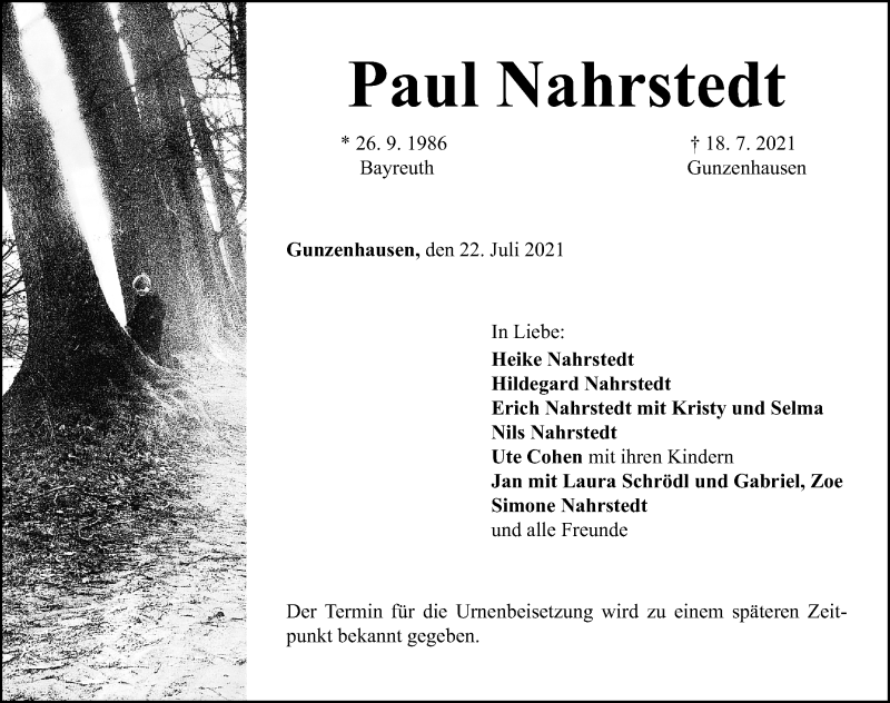  Traueranzeige für Paul Nahrstedt vom 22.07.2021 aus Altmühl-Bote Lokal
