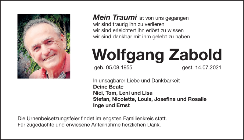  Traueranzeige für Wolfgang Zabold vom 17.07.2021 aus Schwabacher Tagblatt Lokal