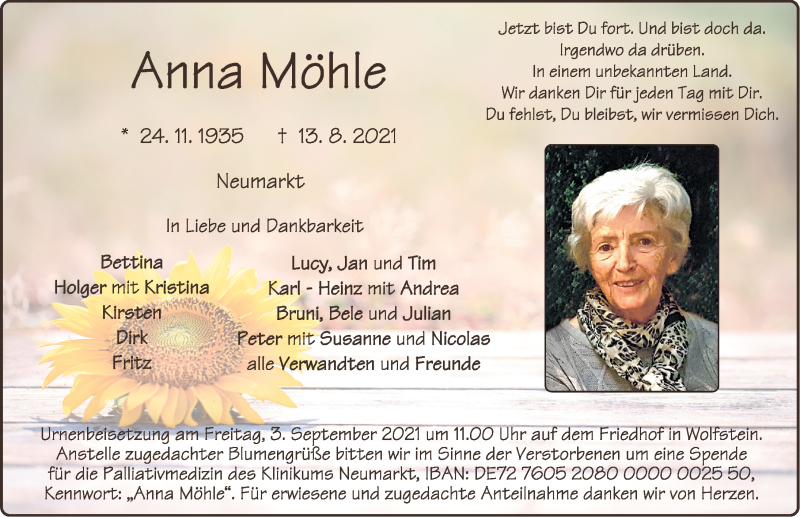  Traueranzeige für Anna Möhle vom 28.08.2021 aus Neumarkter Nachrichten Lokal