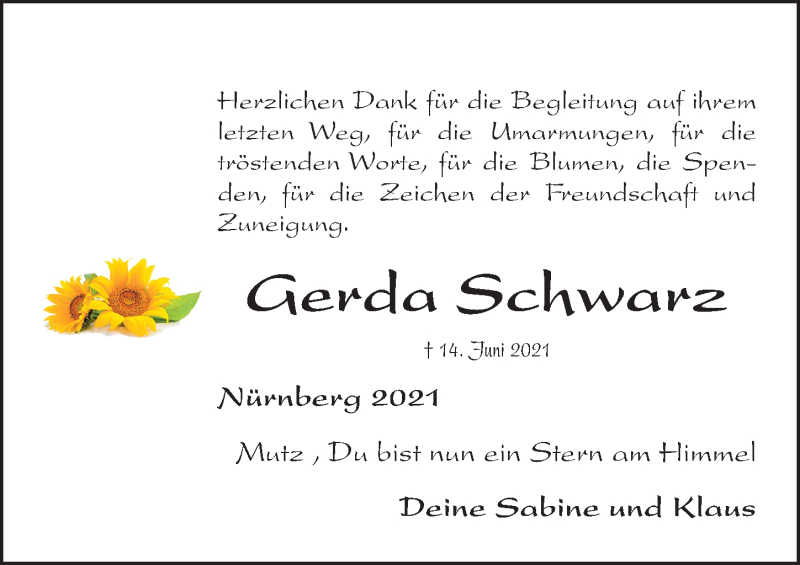  Traueranzeige für Gerda Schwarz vom 21.08.2021 aus Fürther Nachrichten Lokal