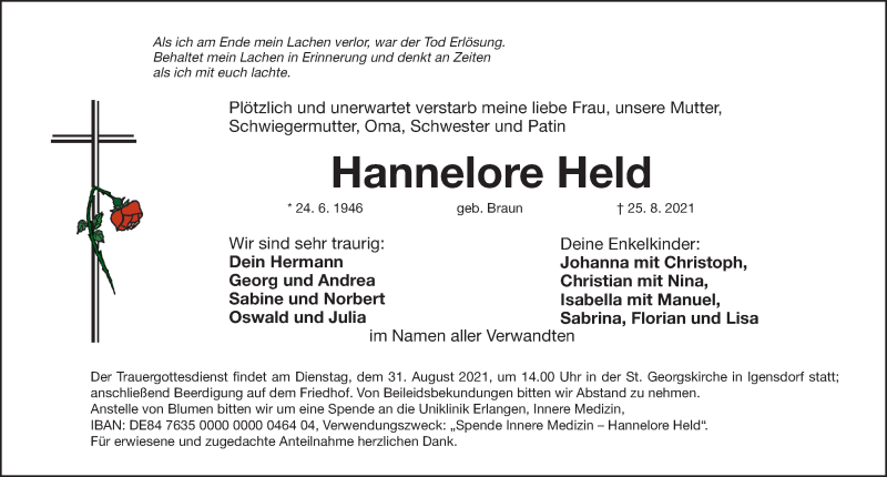 Traueranzeige für Hannelore Held vom 28.08.2021 aus Nordbayerische Nachrichten Forchheim Lokal
