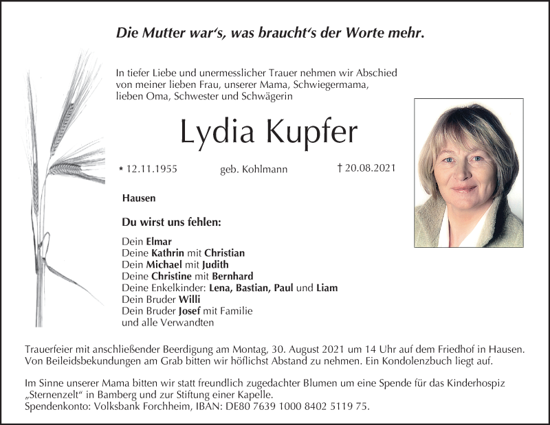  Traueranzeige für Lydia Kupfer vom 28.08.2021 aus Nordbayerische Nachrichten Forchheim Lokal