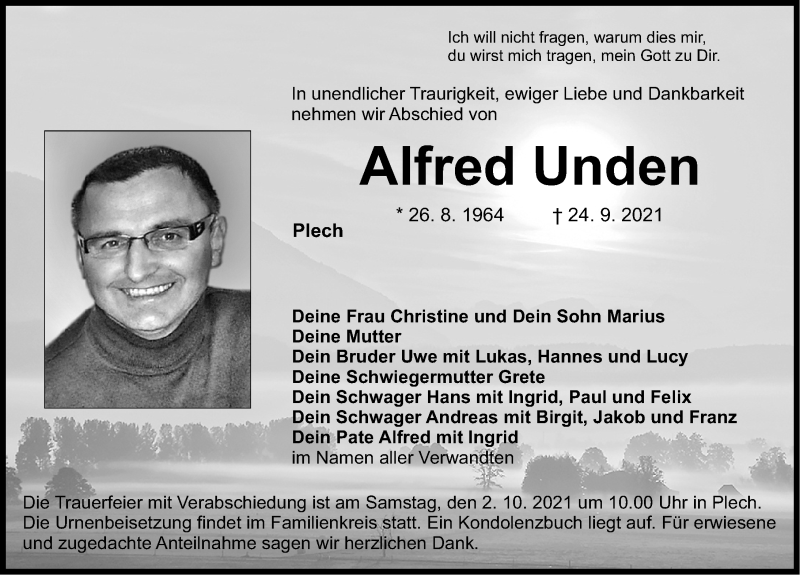  Traueranzeige für Alfred Unden vom 30.09.2021 aus Nordbayerische Nachrichten Pegnitz Lokal