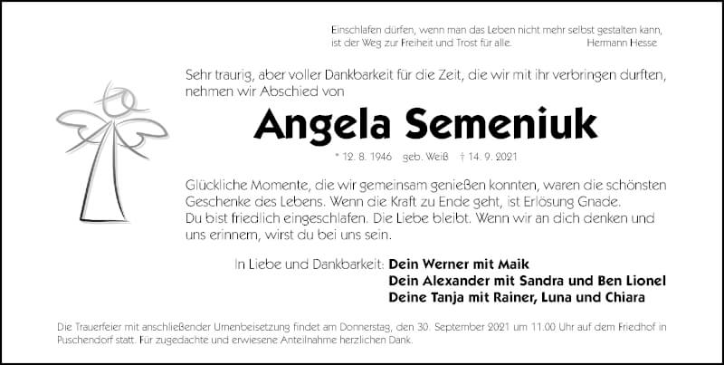  Traueranzeige für Angela Semeniuk vom 25.09.2021 aus Gesamtausgabe Nürnberger Nachrichten/ Nürnberger Ztg./ Fürther Nachrichten