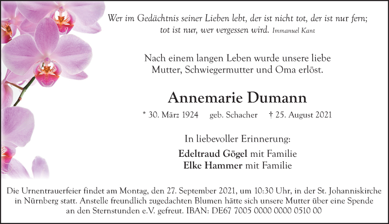  Traueranzeige für Annemarie Dumann vom 22.09.2021 aus Gesamtausgabe Nürnberger Nachrichten/ Nürnberger Ztg.