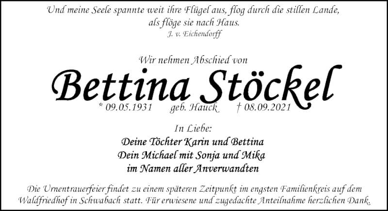  Traueranzeige für Bettina Stöckel vom 18.09.2021 aus Gesamtausgabe Nürnberger Nachrichten/ Nürnberger Ztg.