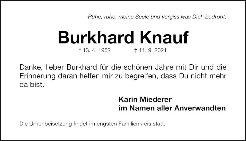  Traueranzeige für Burkhard Knauf vom 18.09.2021 aus Gesamtausgabe Nürnberger Nachrichten/ Nürnberger Ztg.