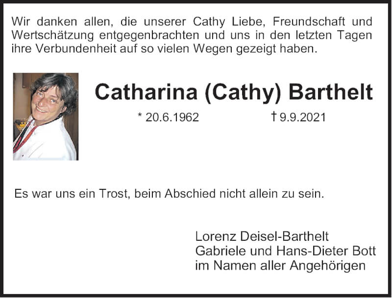  Traueranzeige für Catharina Barthelt vom 25.09.2021 aus Erlanger Nachrichten/ Nordbayer. Nachrichten Forchheim
