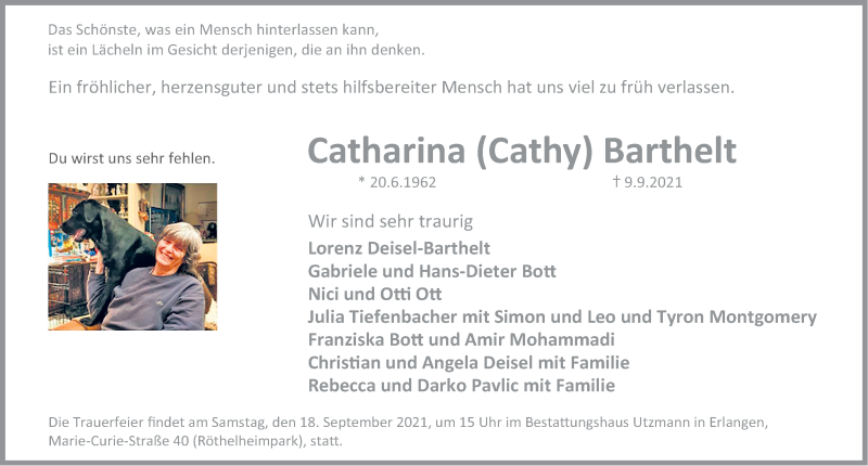  Traueranzeige für Catharina Barthelt vom 15.09.2021 aus Erlanger Nachrichten/ Nordbayer. Nachrichten Forchheim