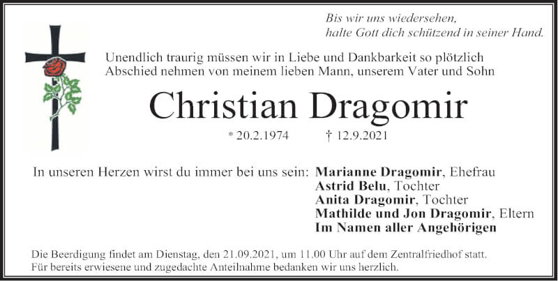  Traueranzeige für Christian Dragomir vom 18.09.2021 aus Erlanger Nachrichten Lokal