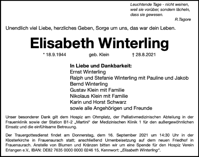  Traueranzeige für Elisabeth Winterling vom 11.09.2021 aus Erlanger Nachrichten/ Nordbayer. Nachrichten Forchheim