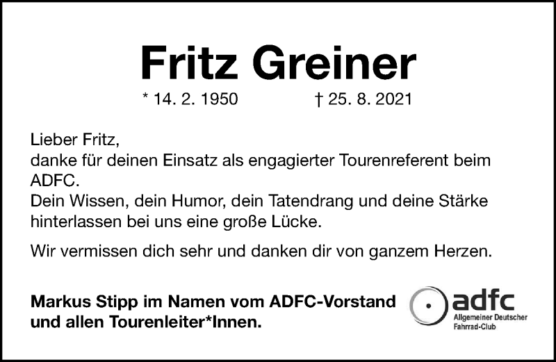  Traueranzeige für Fritz Greiner vom 11.09.2021 aus Gesamtausgabe Nürnberger Nachrichten/ Nürnberger Ztg.