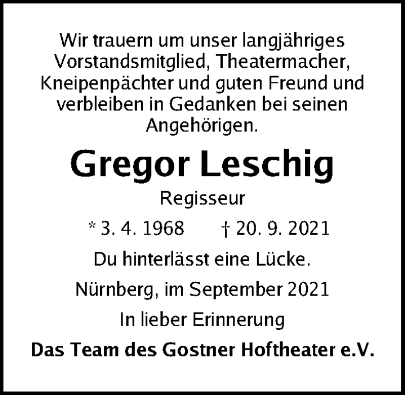  Traueranzeige für Gregor Leschig vom 24.09.2021 aus Gesamtausgabe Nürnberger Nachrichten/ Nürnberger Ztg.
