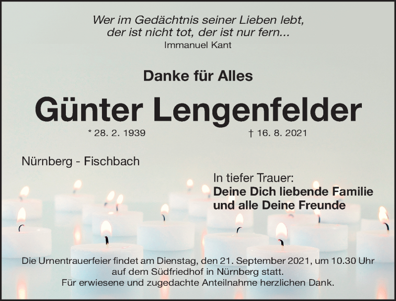  Traueranzeige für Günter Lengenfelder vom 15.09.2021 aus Gesamtausgabe Nürnberger Nachrichten/ Nürnberger Ztg.
