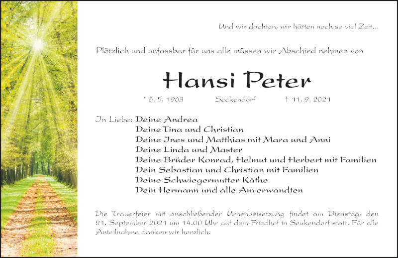  Traueranzeige für Hansi Peter vom 18.09.2021 aus Fürther Nachrichten Lokal