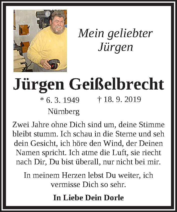  Traueranzeige für Jürgen Geißelbrecht vom 18.09.2021 aus Gesamtausgabe Nürnberger Nachrichten/ Nürnberger Ztg.