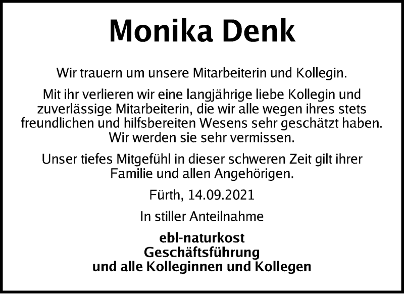  Traueranzeige für Monika Denk vom 16.09.2021 aus Gesamtausgabe Nürnberger Nachrichten/ Nürnberger Ztg.