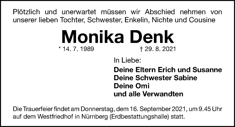 Traueranzeige für Monika Denk vom 11.09.2021 aus Fürther Nachrichten/ Gesamtausgabe Nürnberger Nachrichten/ Nürnberger Ztg.