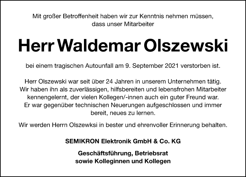 Traueranzeige für Waldemar Olszewski vom 22.09.2021 aus Gesamtausgabe Nürnberger Nachrichten/ Nürnberger Ztg.