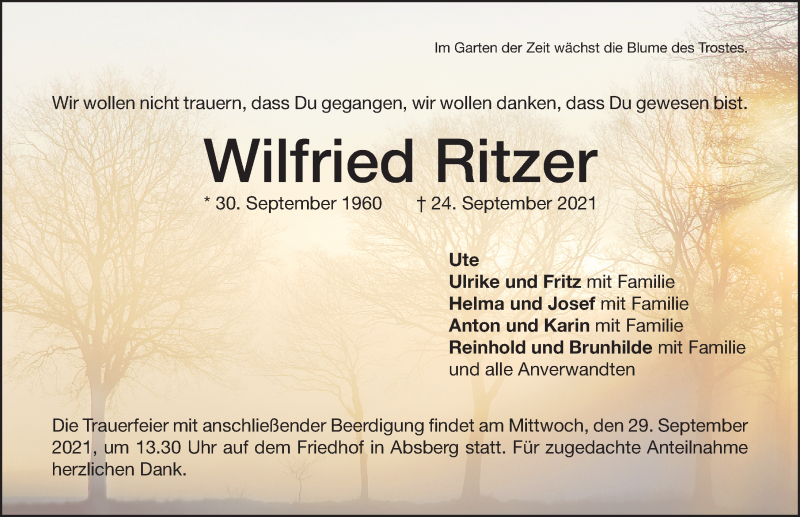  Traueranzeige für Wilfried Ritzer vom 28.09.2021 aus Altmühl-Bote Lokal